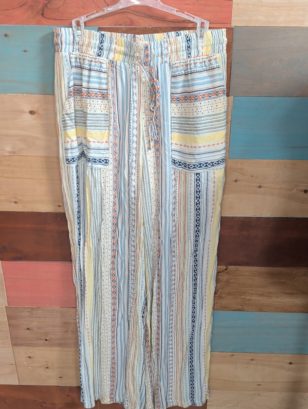 Striped Boot-Cut Pants with Drawstring Waist - Blue & Yellow